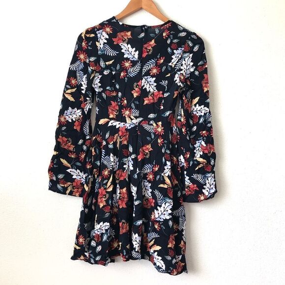 Jaase Boho Chic Floral Botanical Print Flowy Long Sleeve Bohemian Swing Dress XS - Picture 5 of 8